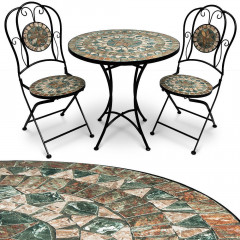Záhradný mozaikový set Malaga | okrúhly stôl + 2 skladacie stoličky č.1
