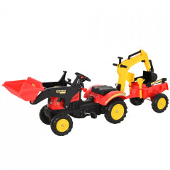 Kráčajúci traktor s nakladačom, prívesom a lyžicou | červeno-žltá č.1