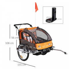 Prívesný detský vozík za bicykel pre 2 deti Jogger 2v1 | oranžovo - hnedý č.3