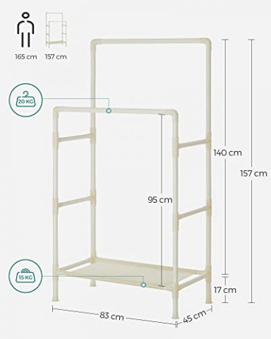 Kovový vešiak s 2 tyčami na oblečenie a 1 policou | biela č.3